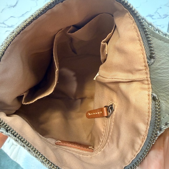 The Sak Lucia Leather Crossbody Bag Sage Green Crochet Trim Bucket Style Boho - Picture 6 of 9